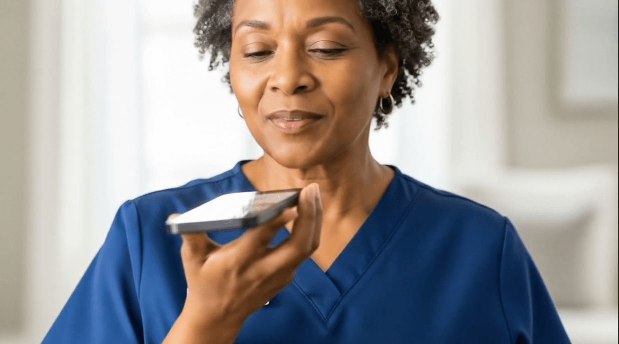 An image of a home care worker interacting with an AI agent.